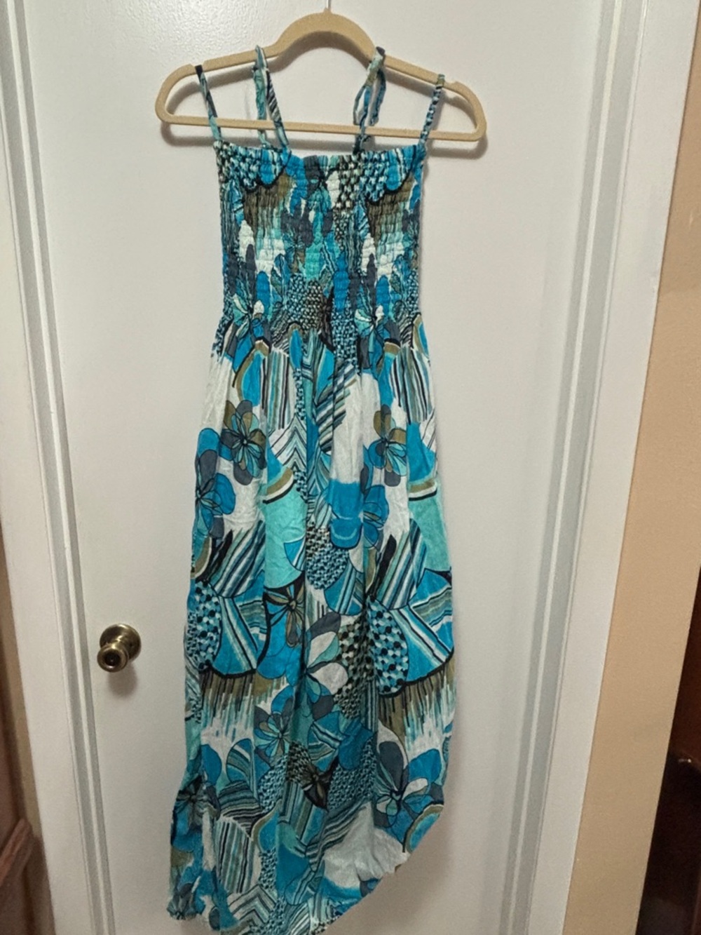 100% Cotton Flowy Smocked Boho Blue Maxi Dress Lined Skirt Whimsical Indie Gypsy